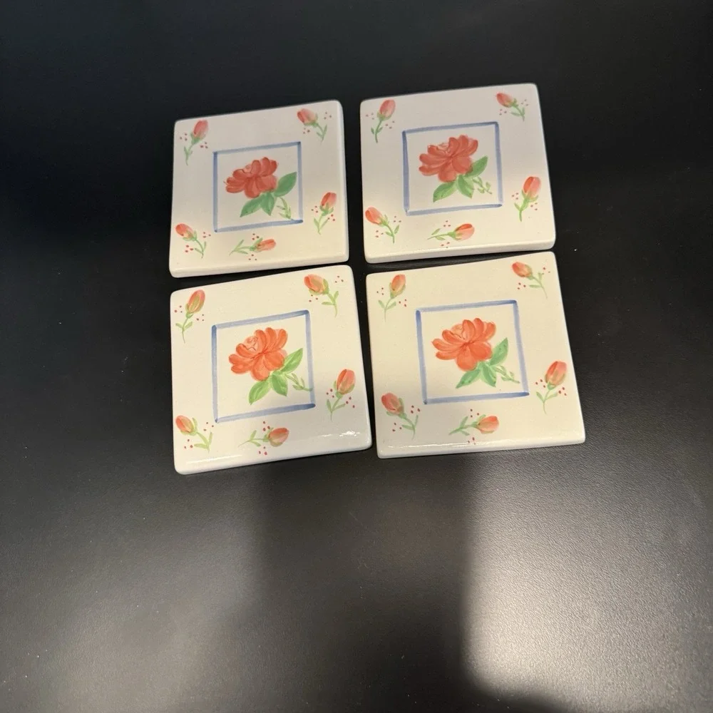 Set of 4‎ Whittard of Chelsea Ceramic Tile Coasters English Rose Floral 4x4